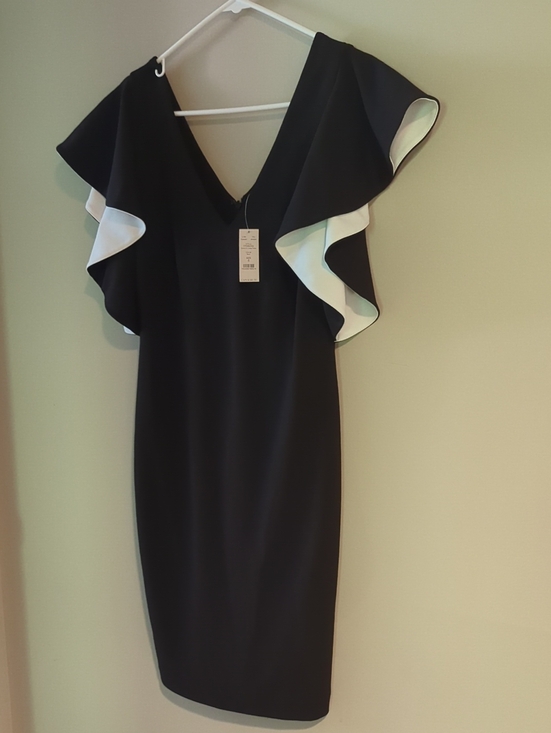 White House Black Market Dresses & Skirts - White House Black Market Black Midi Dress with White Ruffle Sleeves
